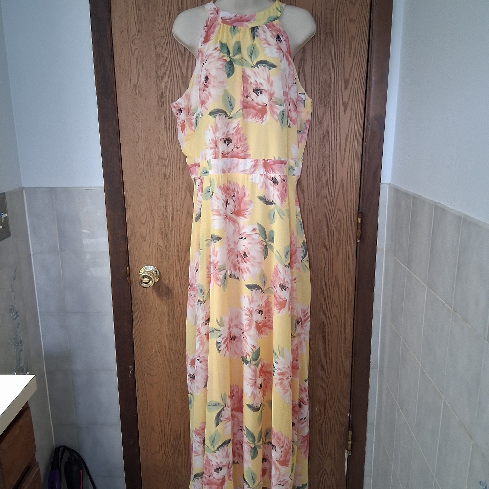 Leslie Fay Yellow Floral Halter Band Tie Back Maxi Dress